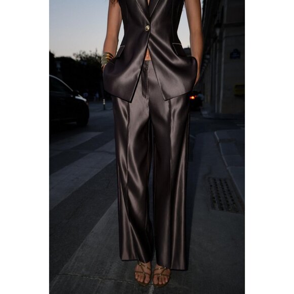 Zara Pants - Zara Satin Wide-Leg Trousers in Chocolate Brown